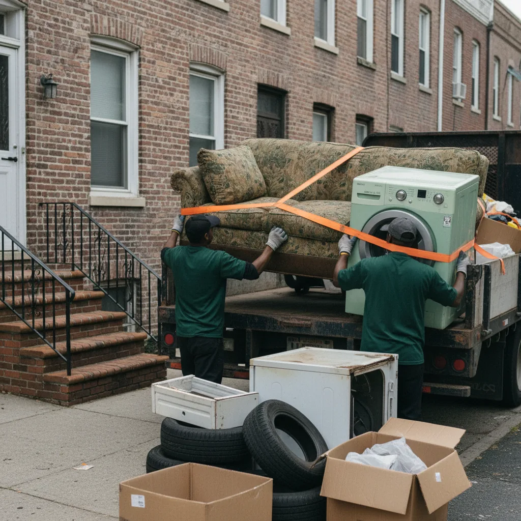 Junk-removal crew loading furniture into a truck at a Newark multi-family home